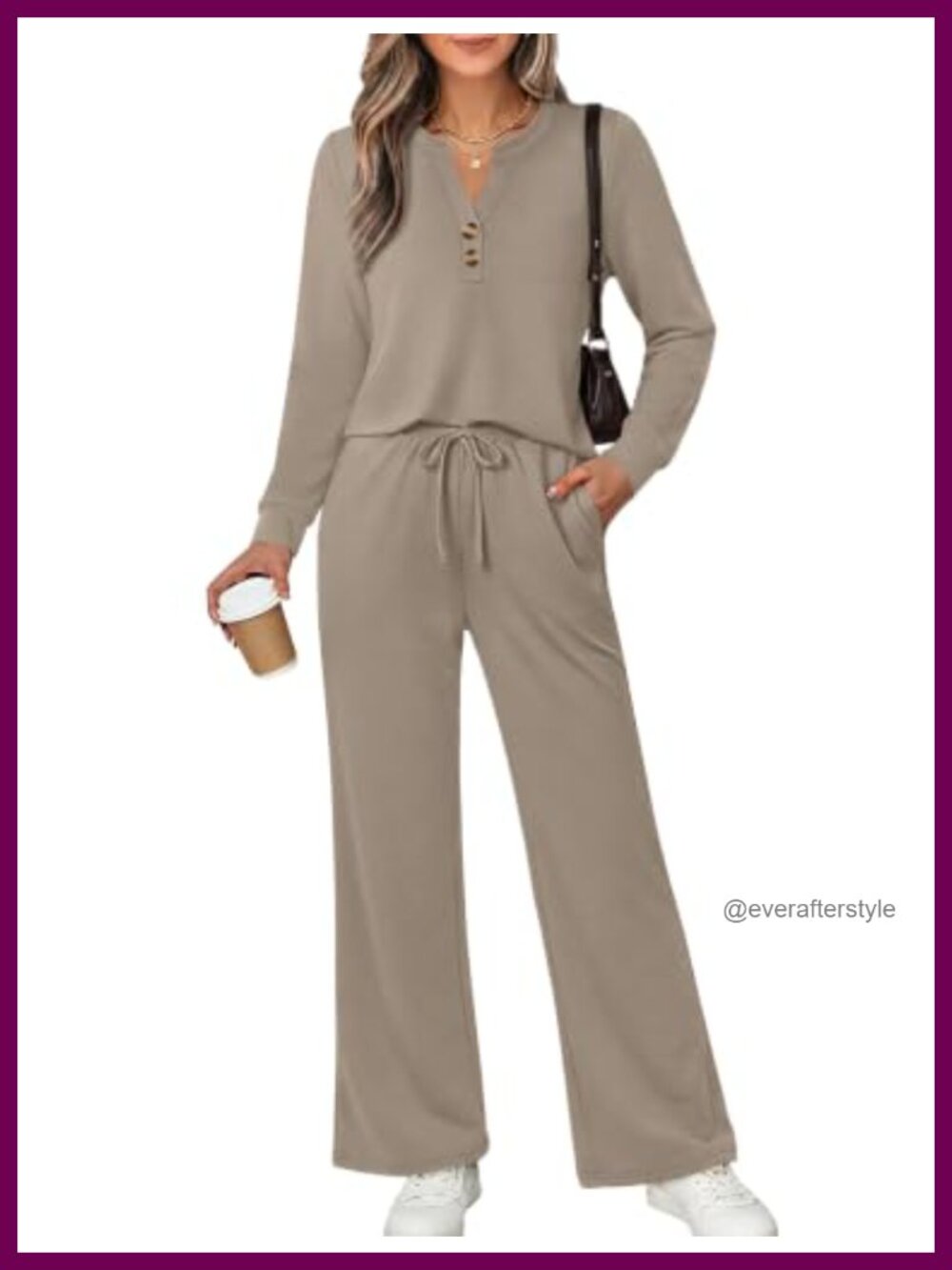 Womens Two Piece Lounge Set Notched V-Neck Wide Leg Pants Travel Outfit